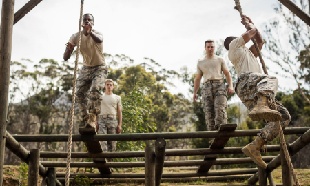 Army Practice Tests. Soldiers training on ropes