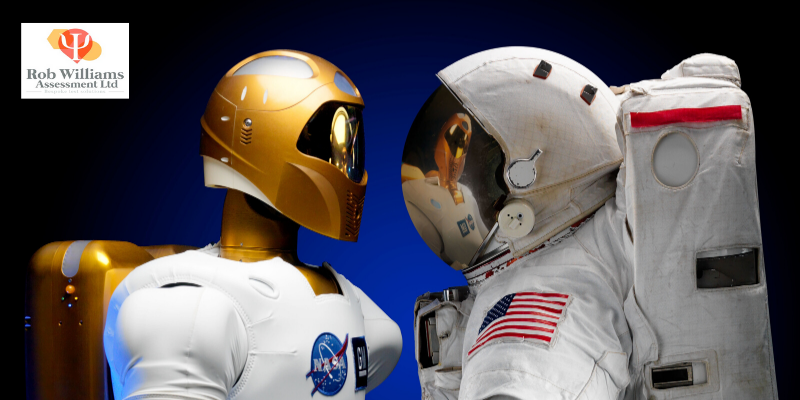 Future STEM jobs. Robot face to face with astronaut.